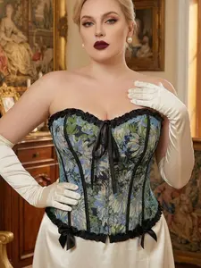 Women's Plus Size Oil Painting Embroidered Bustier Waist Trainer, Tummy Control Vintage Court Style, Strapless Outerwear Shaping Top