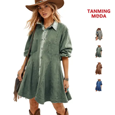 TanmingModa Women's Fall Western Puff Sleeve Denim Dress - Chic A-Line Babydoll Above-Knee Mini with Front Buttons, Ruffled Hem, Breast Pocket, Contrast Binding for Cowgirl Country Concert, Party, Casual