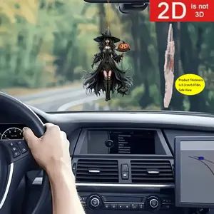 Charming Witch Acrylic Pendant - Versatile 2D Charm Hanging for Car Rearview Mirror, Bag and Keychain | Ideal Couple Gift | No Batteries Required | Perfect for Halloween Decoration