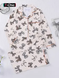 2-piece full body leopard print bow pattern knit long sleeved pants top with small pockets and elastic waistband suitable for all seasons of home, casual wear, home wear, loungewear, pajamas