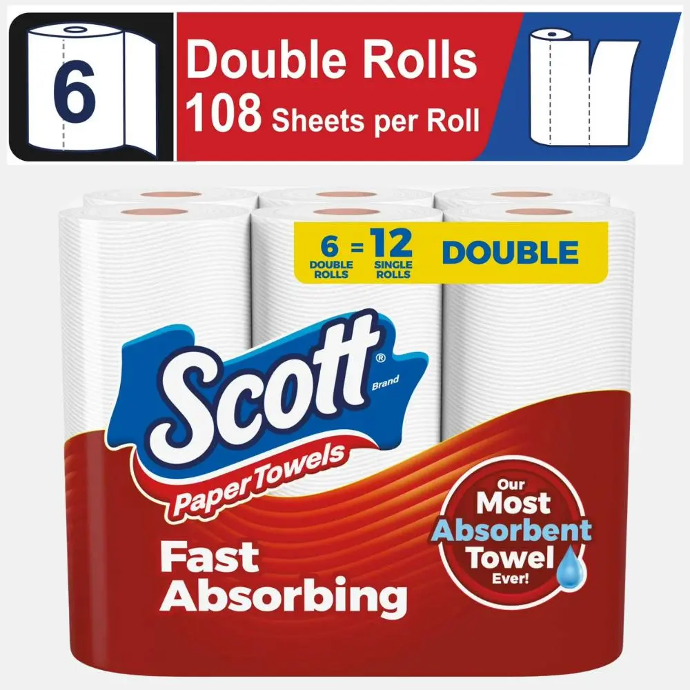 Scott Choose A Sheet Paper Towels, 6 Double Rolls (108 Sheets Each), 1-Ply Absorbent Disposable Kitchen Towels Cleaning Supplies