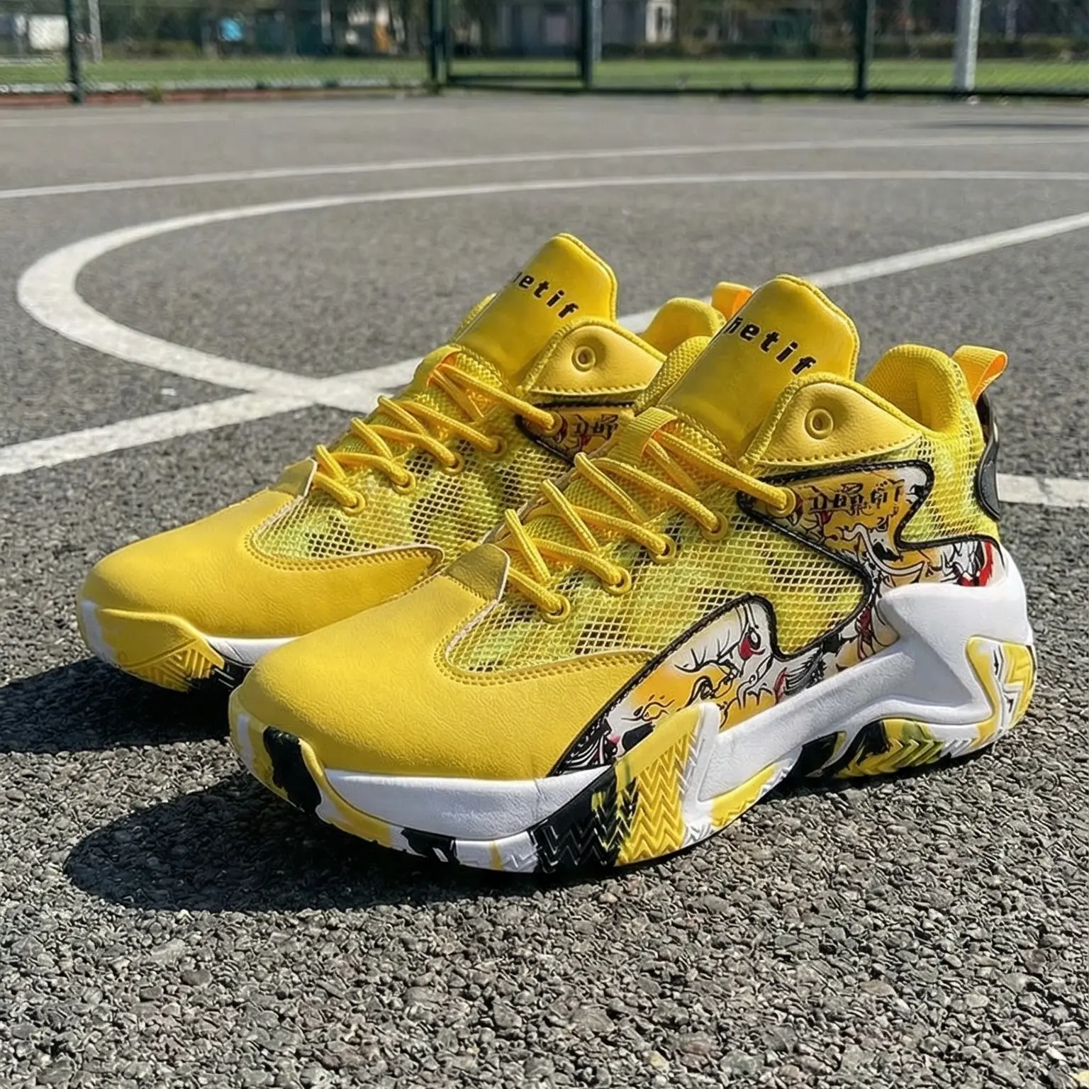Men's Bold Yellow Graffiti High-Top Basketball Sneakers - Fashionable Sports Shoes, Mesh Design Casual Trainers, Shock-Absorption Casual Trainers with Non-Slip Wear-Resistant Outsole, Breathable Lace-Up Footwear for Gym & Streetwear