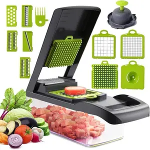 Multifunctional Vegetable Chopper, 8 razor sharp Blades Food Slicer Dicer with Colander Basket & Container,  Onion mincer , Potato, Garlic peeler and corer bpa free home commercial use kitchen utensil gadget fast cutting machine Stainless Steel Plastic