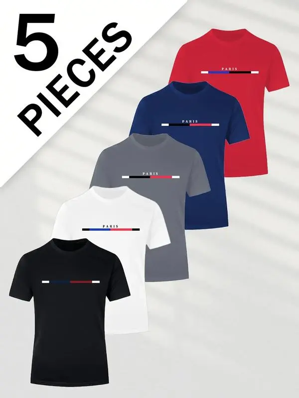 5-piece men's daily casual short-sleeved crew neck T-shirt, breathable and lightweight, Outdoorfun，suitable for summer sports and leisure wear, outdoor clothing, comfortable and breathable stretch fabric men's tops