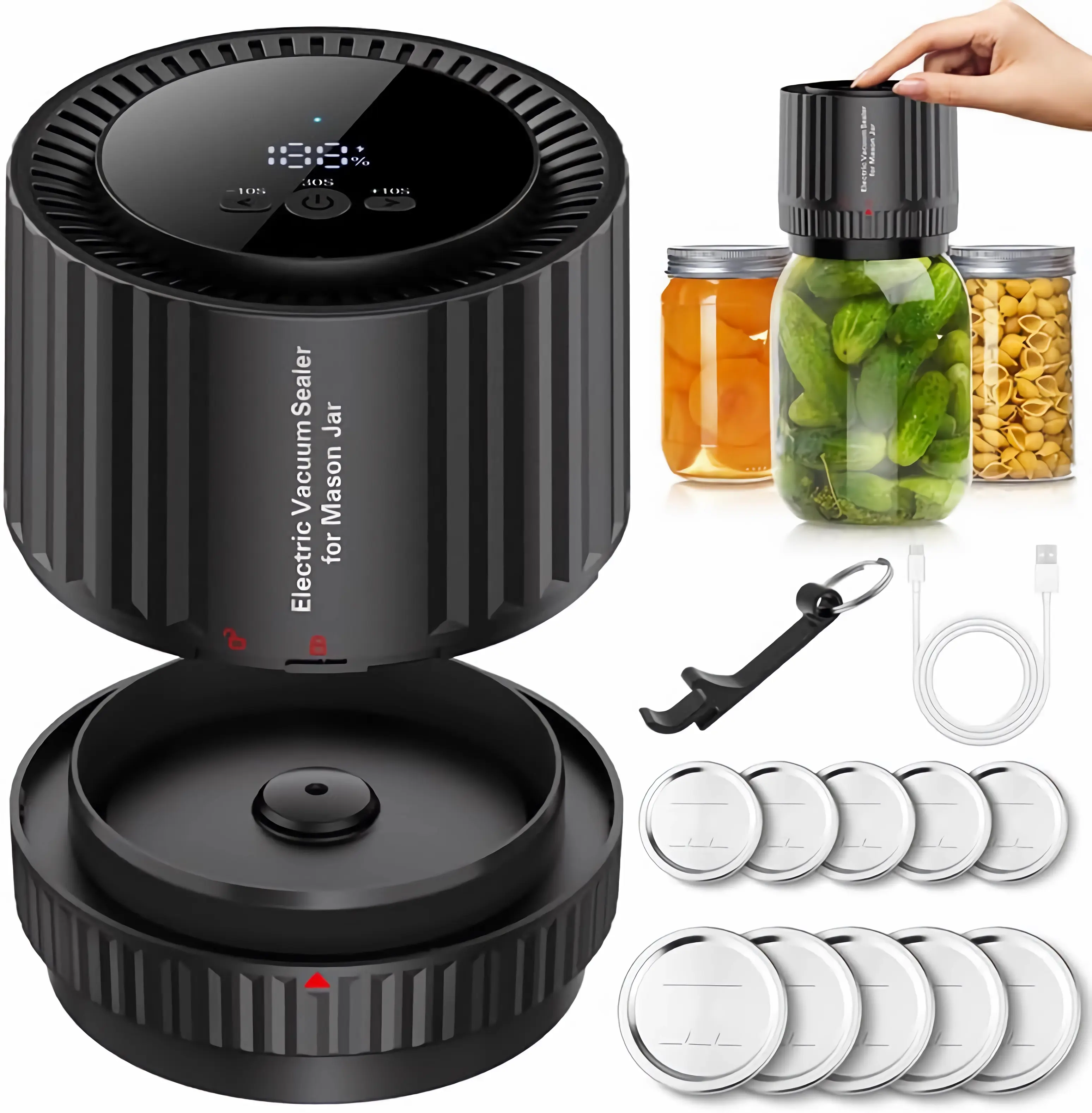 Electric Mason Jar Vacuum Sealer Kit, 2024 Auto Jar Vacuum Sealer for Mason Jars Handheld, True Bright Jar Sealer Canning Machine with Can Opener Regular Wide Mouth Jar Lids for Food Stora