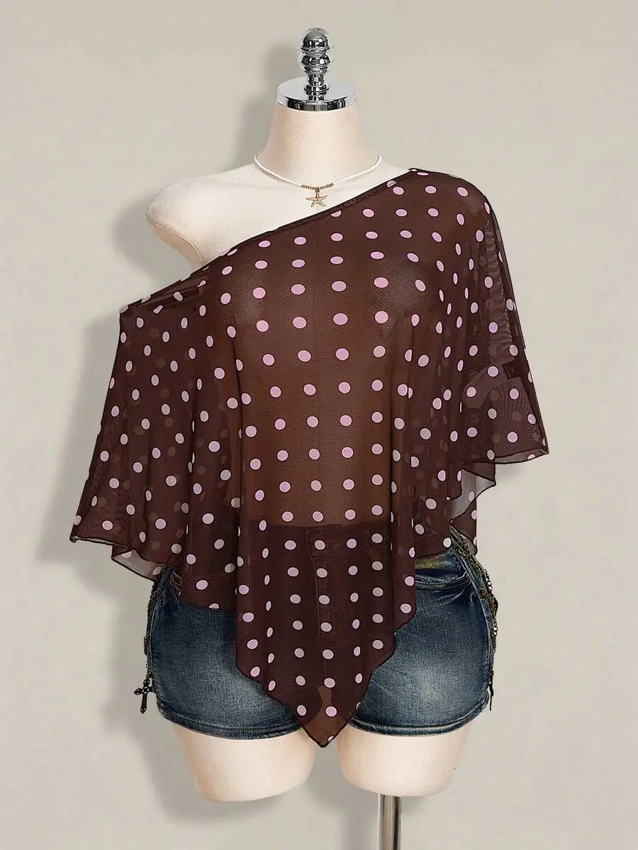 Plus Size Polka Dot Mesh Asymmetric Hem Top with Batwing Half Sleeve for Beach Vacation