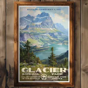 Glacier National Park Poster, Montana Travel Print, Scenic Home Decor, Wall Art Painting, Hiking Gift for Nature Enthusiasts