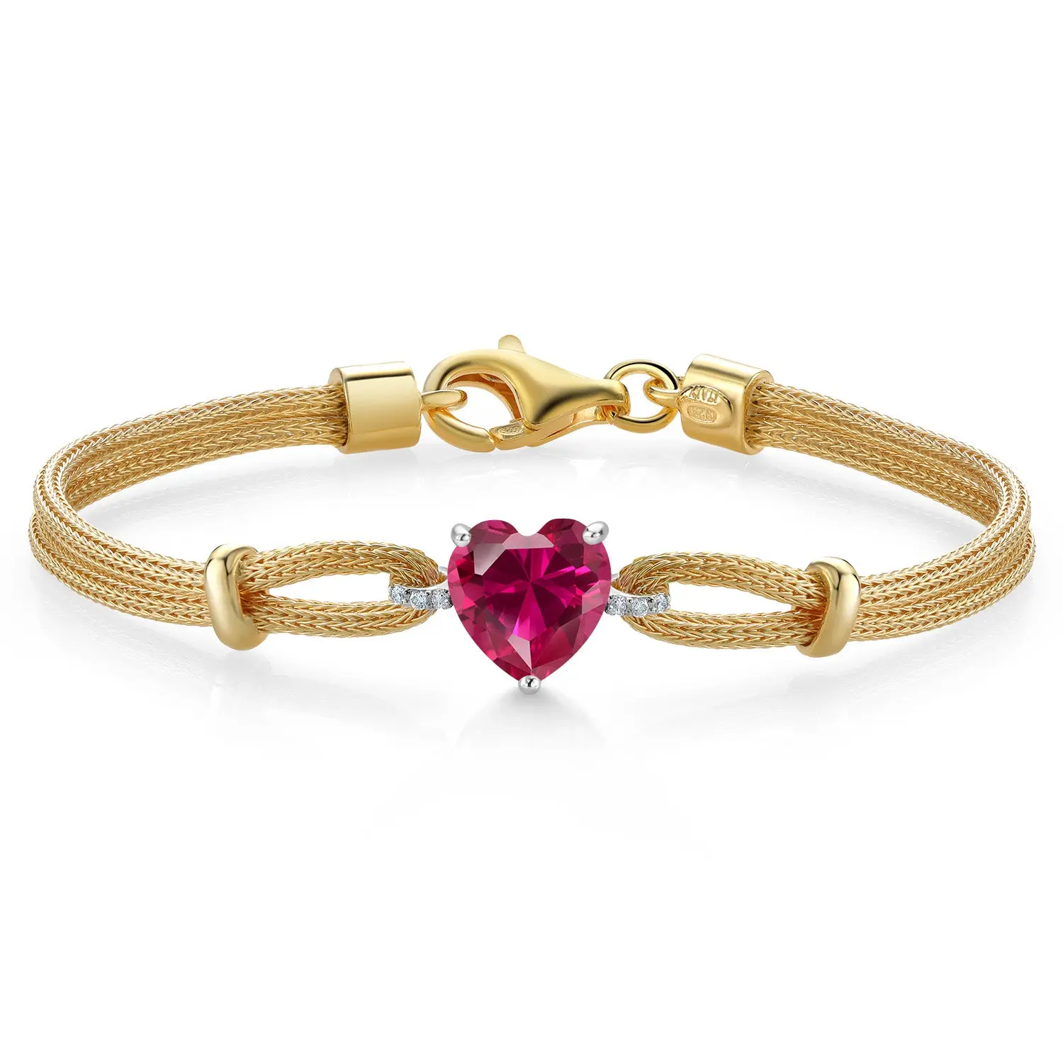 18K Two Tone Sterling Silver Red Created Ruby and White Lab Grown Diamond Bracelet For Women (1.74 Cttw, Heart Shape 8MM, 6.5/7/7.5 Inches, Made In Italy)