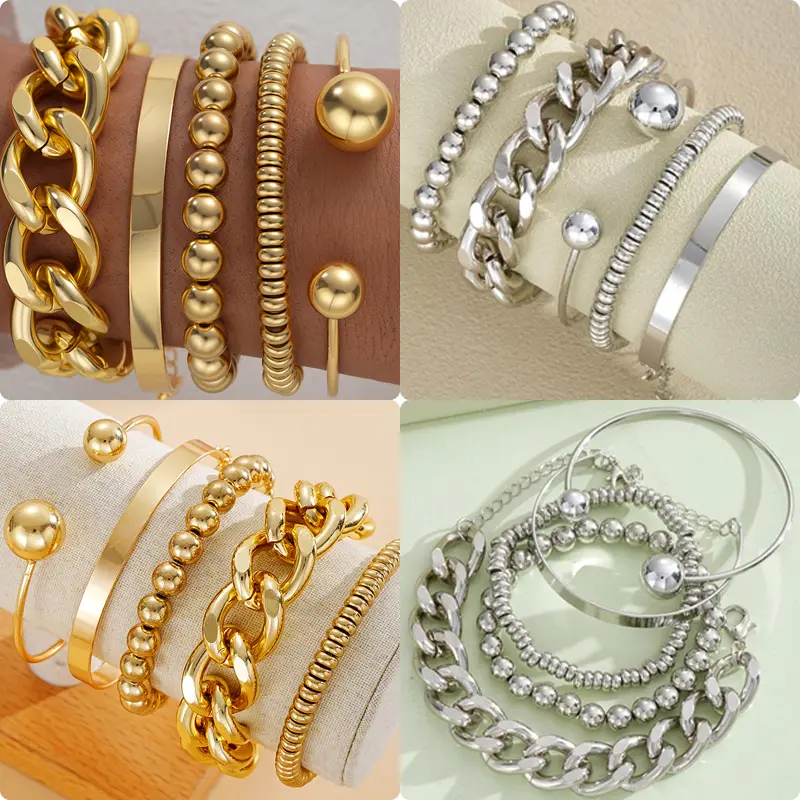 5-Piece Fashion Chain Style Open Cuff Bracelet Set for Women | Bracelets Set Bangles, Ideal for Holiday Gifts, Perfect for Dates and Parties