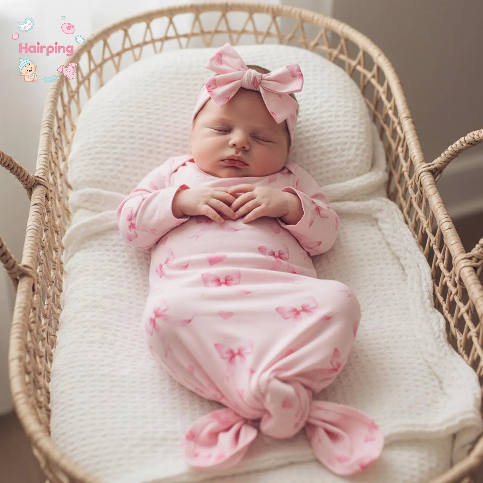 Newborn Baby Girl Knotted Gown & Headband Set, Soft Bamboo Viscose Sleep Gown with Bow Print, Coming Home Outfit for 0-3 Months Infant, Cozy Nightgown for Baby Shower Gift & Photoshoot