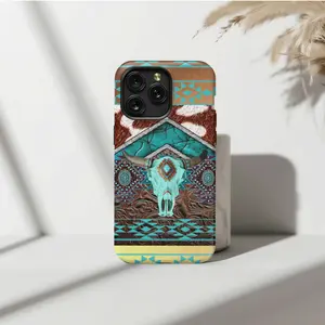 Southwestern Bull Skull Soft Silicone Case for IP Phone 17/16/15/14/13/12/11/X – Turquoise Tribal Chevron – Shockproof & Western Chic