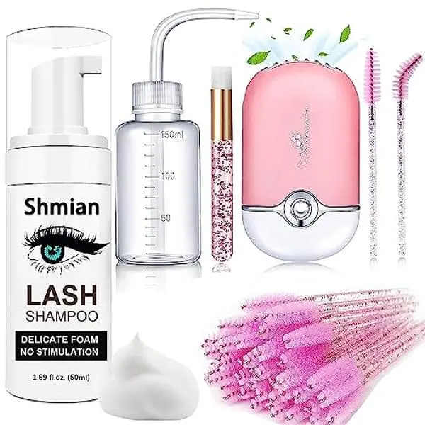 50ml Lash Shampoo for Extensions,with Brushes & Rinse Bottle | Oil-free eyelash wash remover,safe for extensions.Includes 50ml foam cleanser,50pcs brushes & rinse bottle,Pink