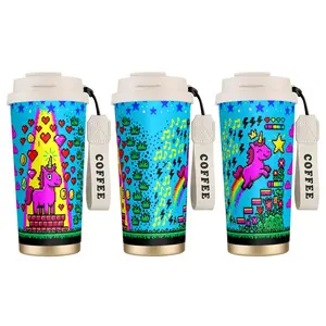 1pc Creative Pixel Unicorn Coffee Cup 18OZ, Retro 8-Bit Rainbow Music Theme, Portable Dual Drink Thermos Cup, Thermos Cold Water Cup, Suitable for Hot And Cold Beverages, Girls and Women, Office, Outdoor, Birthday Gifts