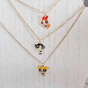 Cartoon Girls Stainless Steel Necklace for Girls & Women Fashionable Accessory Featuring Blossom Bubbles & Buttercup Characters Perfect Gift Jewelry
