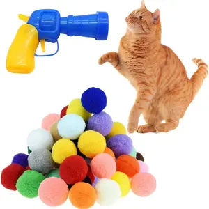 30 Pcs Soft Pom Pom Balls for Kittens with Cat Ball Launcher Toy, Interactive Plush Toy for Kitten Training and Play - Pet Products for Cats (3.0 CM with Bloster)