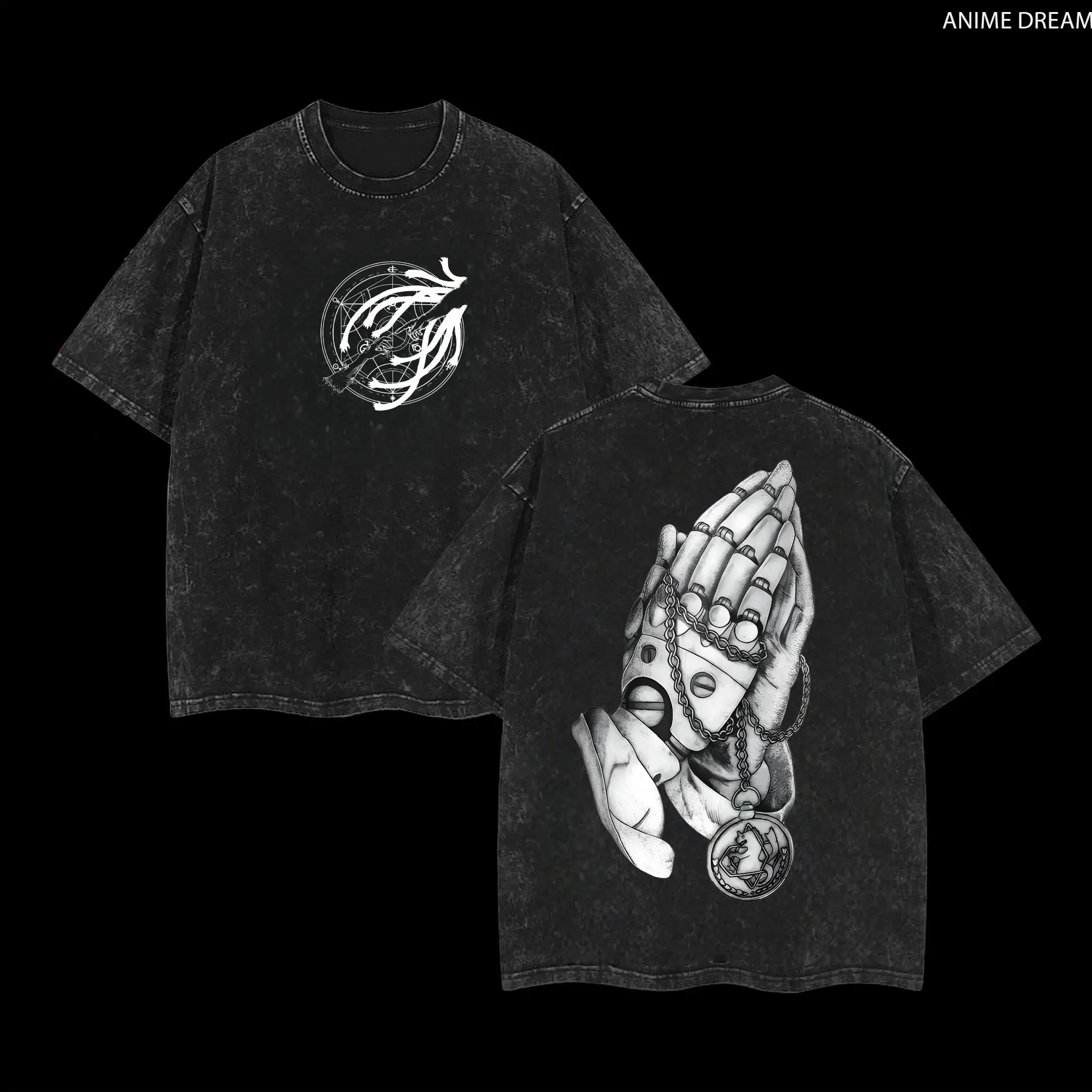 Fullmetal Alchemist Anime Double Printed Vintage Washed Tee Unisex Oversize Anime Manga Washed Heavyweight Cotton T-shirt, funny graphic tee, men’s trendy t-shirts, deals, humorous, 90s, streetwear,penny tees, meme, boyfriend, good graphic, sluggy Menswea