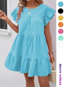 Women's Plain Ruffle Trim Round Neck Dress, Elegant Fashion Casual Crew Neck Dress for Daily Outdoor Wear, Women Dress for Summer, Bohemian Romantic Dress, Womenswear