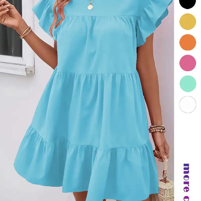 Women's Plain Ruffle Trim Round Neck Dress, Elegant Fashion Casual Crew Neck Dress for Daily Outdoor Wear, Women's Dress for Summer, Boho Sundresses, Boho Style Dress, Bohemian Romantic Dress, Womenswear