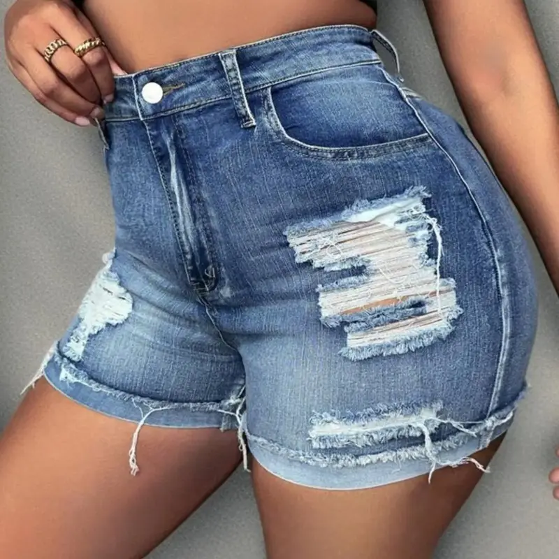 Plus Size Ripped High-Waisted Button Fly Medium Wash, Casual Fashionable Fit Womenswear, Denim Jeans Shorts for Daily Outdoor Wear, Women's Bottoms for Summer