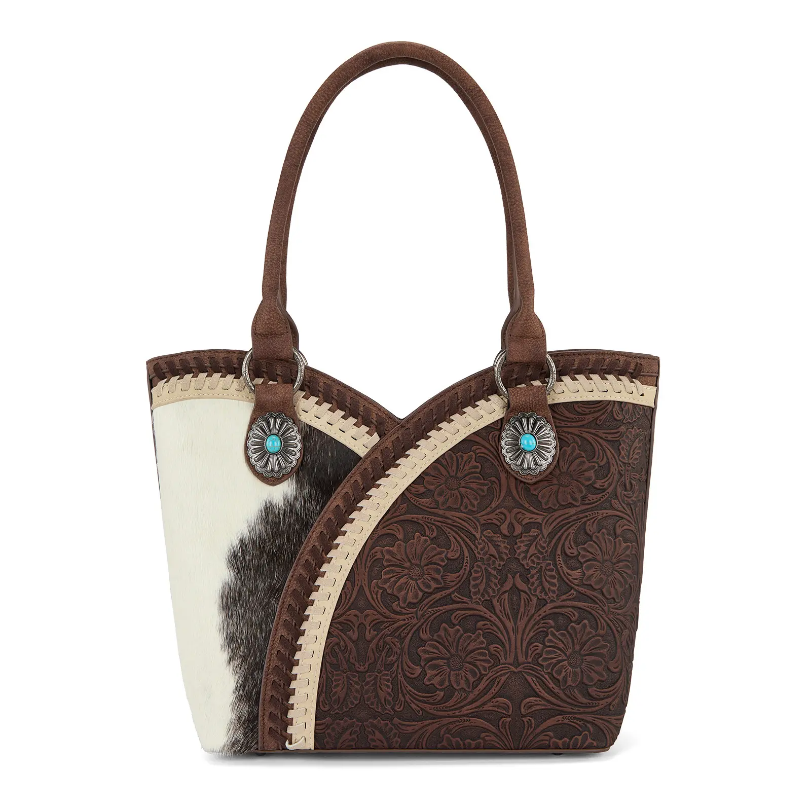Montana West Tooled & Cowhide Whipstitch Tote Bag for Women