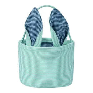 Easter Basket Seersucker Egg Hunt Bunny Baskets for Kids with Cute Rabbit Ears Stripe Storage Gifts Candies Personalized Easter Party Gifts A