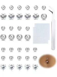 35Pcs Fake Belly Piercing Cubic Zirconia Belly Button Piercing Ear Lip Eyebrow Nose Non Piercing Body Face Gems Rhinestone Stickers Fake Piercing Jewellry, Nose Ring Jewelry