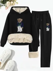Women's Fleece Lined Long Sleeve Sweatpants Set, Cartoon Bear Print Hoodie & Straight Leg Pants, Casual Fall Winter Womenswear