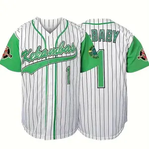 Retro-Inspired Men's Baseball Jersey Green & White Striped, V-Neck, Short Sleeve, 100% Polyester, Machine Washable - Perfect for Team Sports, Outdoor Activities, Parties, and Casual Wear