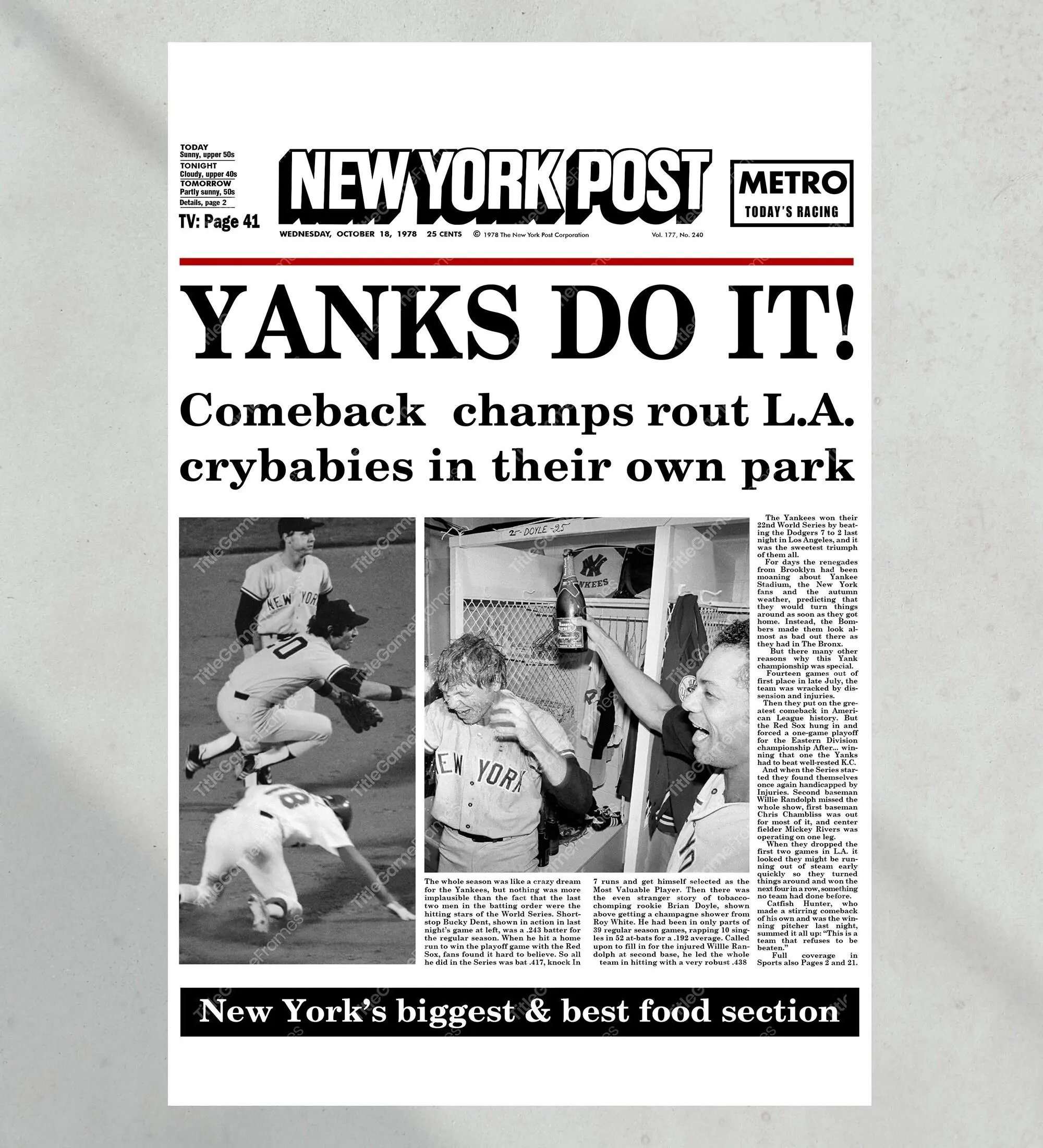 1978 Yankees World Series Champions 'Yanks do it!' Unframed Poster
