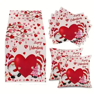 7pcs,Valentine's Day Linen Decoration Set, Heart & Dwarf Pattern, Includes Table Runner, Pillowcase, Placemat, Perfect for Home & Party Dining