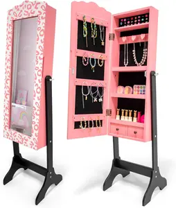 JOYMOR Kids Jewelry Cabinet, Leopard Print Jewelry Box for Girls with Full-Length Mirror, Kids Jewelry Armoire with Storage Drawers (Pink)