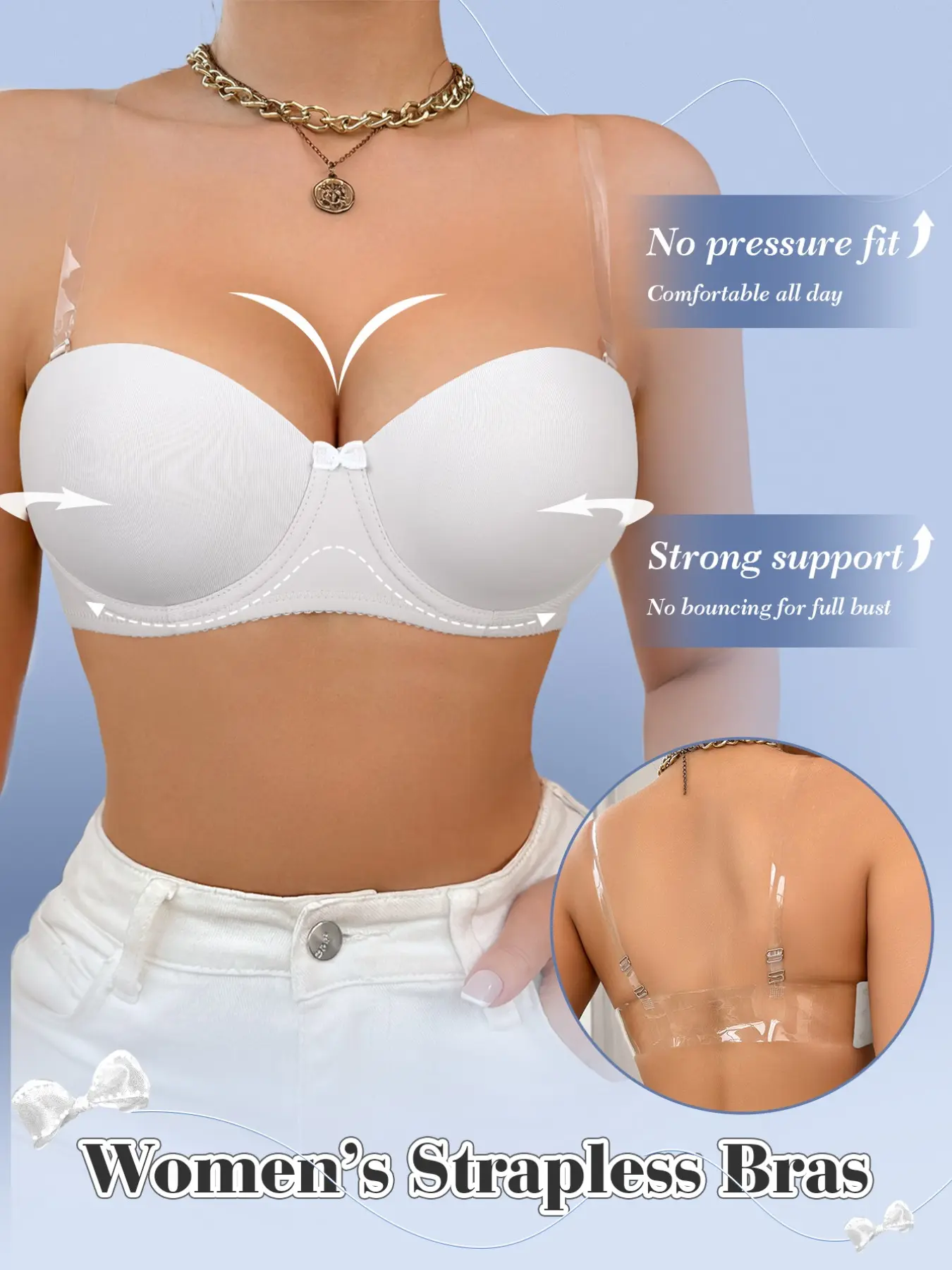 Women's Strapless Push-Up Bra Seamless, Invisible Bra with Clear Straps and Removable Straps Suitable for Casual Everyday Wear Fit, Casual Comfy Bra