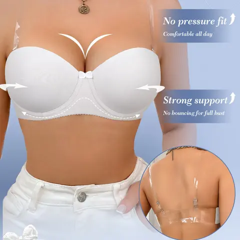 Women's Strapless Push-Up Bra Seamless, Casual Invisible Bra with Clear Straps and Removable Straps Suitable for Everyday Wear