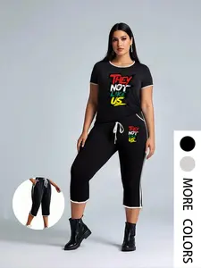 【Plus Size】 Reggae Print Short Sleeve Tee & Capri Pants Two-Piece Set, Casual Round Neck T-shirt & Trousers for Daily Wear, Women's Two-piece Outfits for Summer, Clothes
