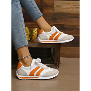 Women's Lightweight Comfortable Sports Shoes, Outdoor Party Training Casual Fashion Classic Ladies Footwear, PU Leather Patchwork Design