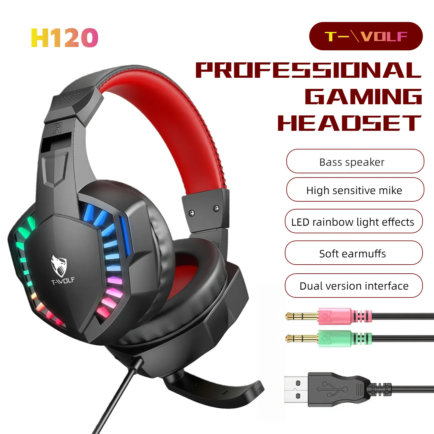 T-WOLF H120 Wired Gaming Headset with Mic, Soft Over-Ear Ear Cups, 40mm Gaming Drivers, Enhanced Footsteps & Gunfire Audio, Adjustable Mic, Rainbow LED Lights, for PC