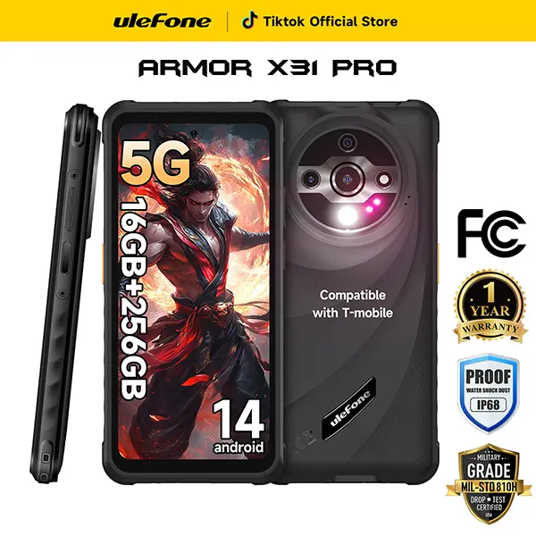 Ulefone Armor X31 / X31 Pro 5G Android 16,Unlocked  Rugged Waterproof Phone, 16GB RAM+256GB ROM, MTK Dimensity 6300 Android 16, 64MP Main Camera+25MP Night Vision 6.56" 120Hz Display, 6050mAhWidevine L1 Fingerprint ID NFC,Independtent Glare Flashlight