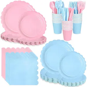 168 PCS Light Pink and Blue Scalloped Disposable Tableware Set Includes Plates Napkins Cups Plastic Spoons Forks Knives for Baby Shower Gender Reveal Birthday Party Supplies Serve 24 Guests