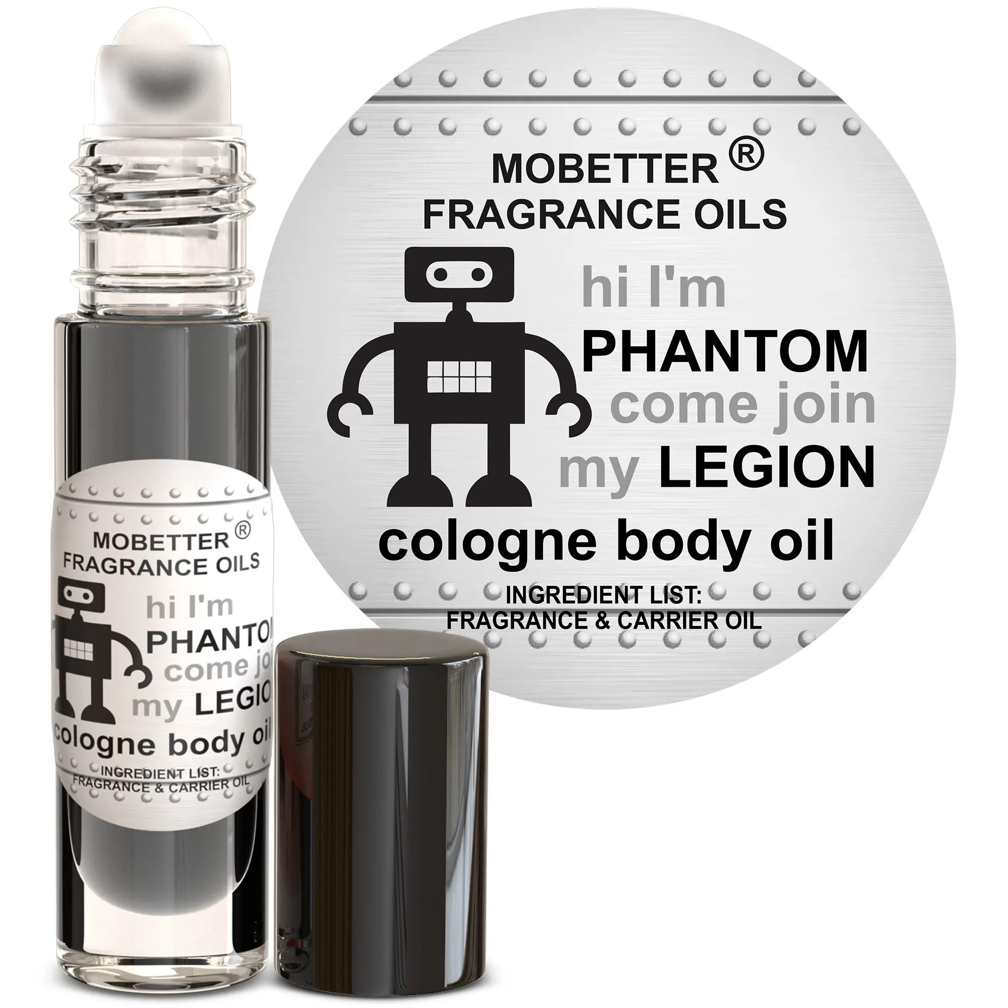 MOBETTER FRAGRANCE OILS Hi I'm Phantom Come Join My Legion Men Cologne Body Oil 1/3 oz roll on Glass Bottle