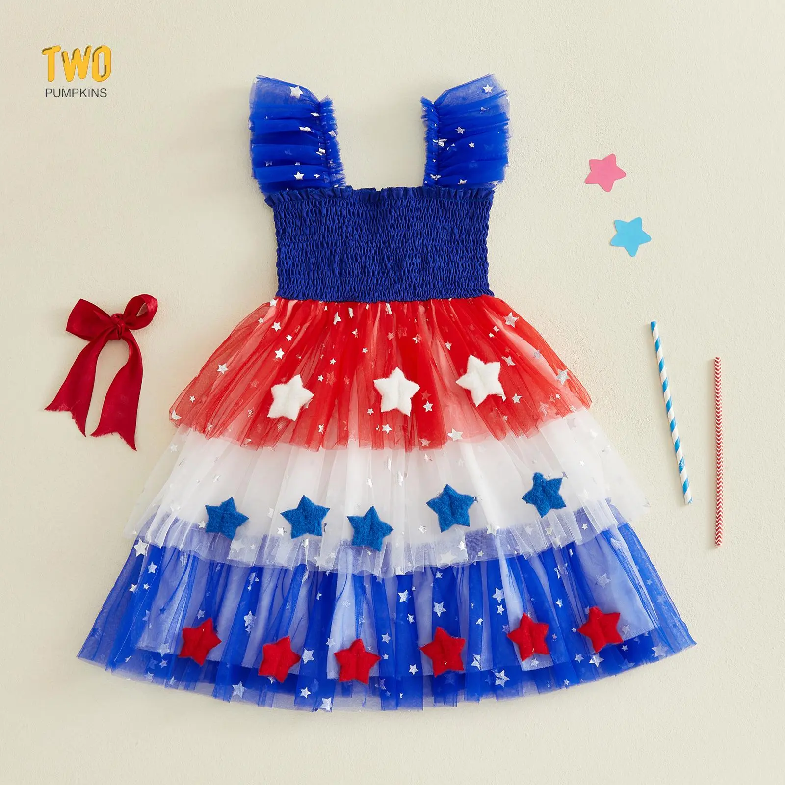 Toddler Girl Flutter Sleeve Tulle Dress Classic 4th Of July Patriotic Star Print Tiered Tutu Skirted Dress