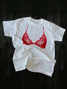 Women's Bra Pattern T-Shirt, Fun Underwear Inspiration Design, Modern Lace Round Neck, Fashion Gift, Casual Comfortable Simple Style, Womenswear Fit Chic Top, Casual Everyday Wear