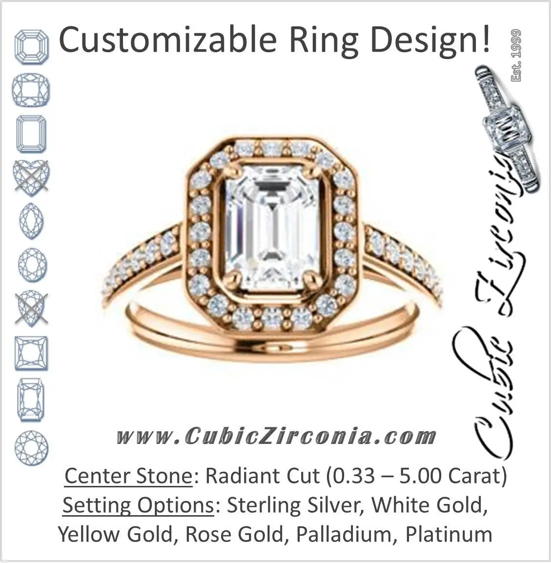 Cubic Zirconia Engagement Ring- The Margie Mae (Customizable Radiant Cut Halo-Style with Pavé Band)