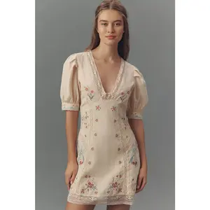 Anthropologie Linen Blend Puff-Sleeve V-Neck Mini Dress SIZE 12 Neutral