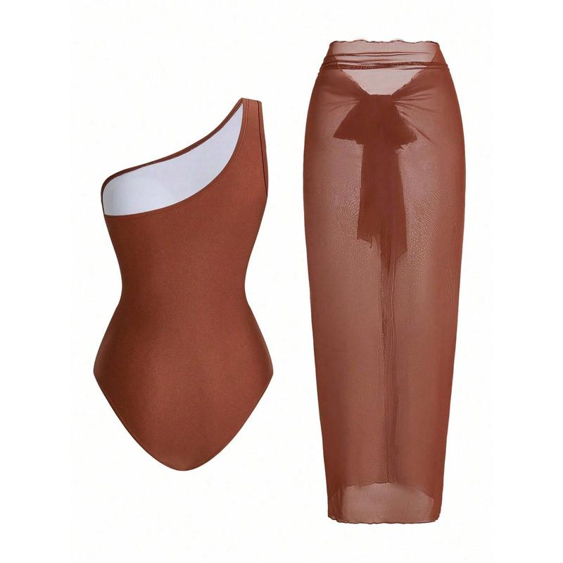 Women's Solid Color Ruched Mesh Panel One-Piece Swimsuit With Sarong Skirt For Summer Beach Vacation