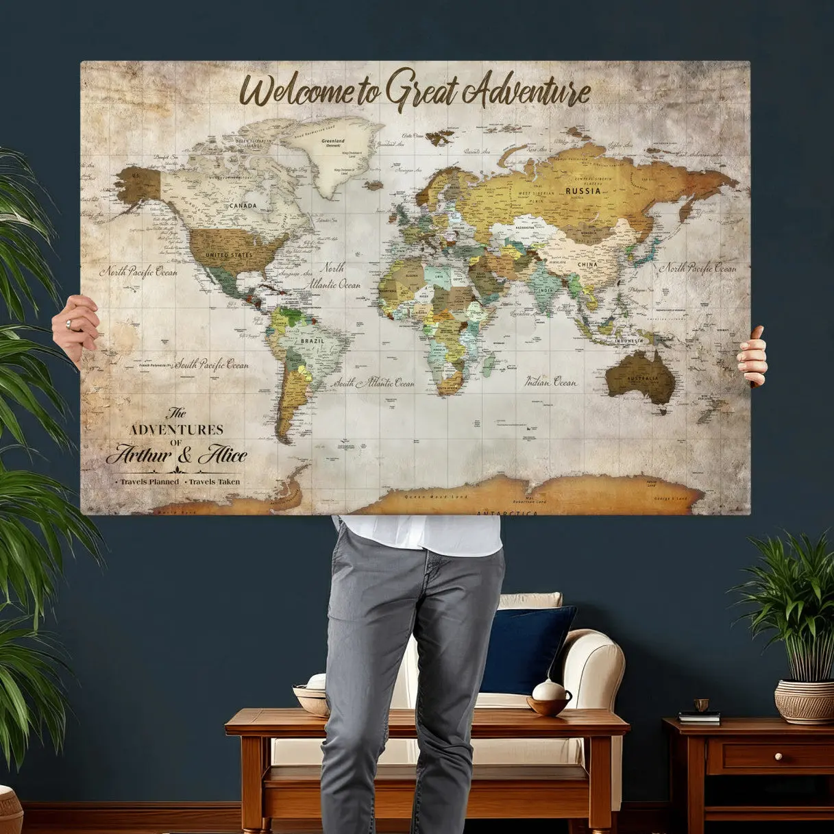 Personalized World Map Wall Art Canvas Print – Custom Push