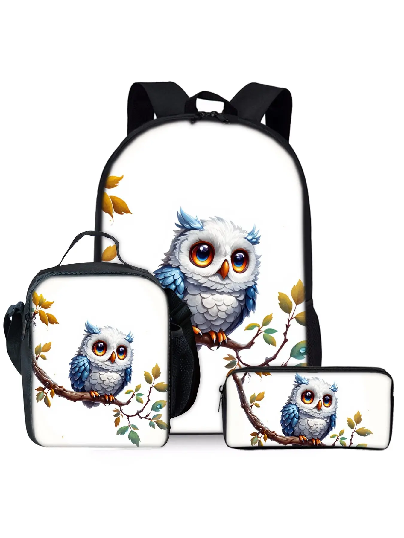 Cute blue owl print backpack three piece set lunch bag pencil case backpack
