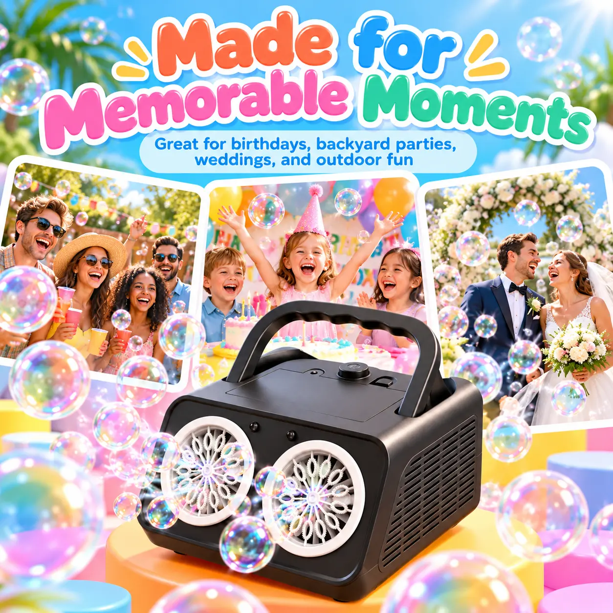 Portable Bubble Machine for Outdoor Fun, Automatic Dual-Fan Bubble Maker with 2 Speeds, Bubble Blower for Kids’ Birthday Parties, Backyard Play, Weddings, BBQs, Festivals & Family Events