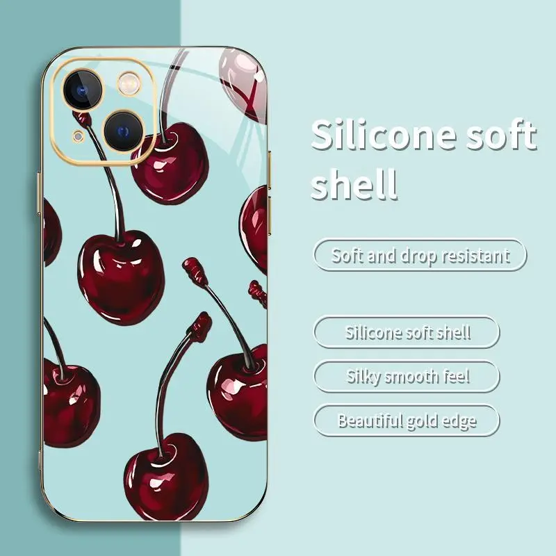 Vintage Cherry Coquette Phone Case, Glossy Dark Fruit Aesthetic, Gold Edges, Soft Cover for iPhone 13–975