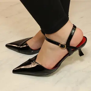 Woman elegant kitten heel, closed toe, point toe, ankle strap with buckle, high heel, low kitten heel