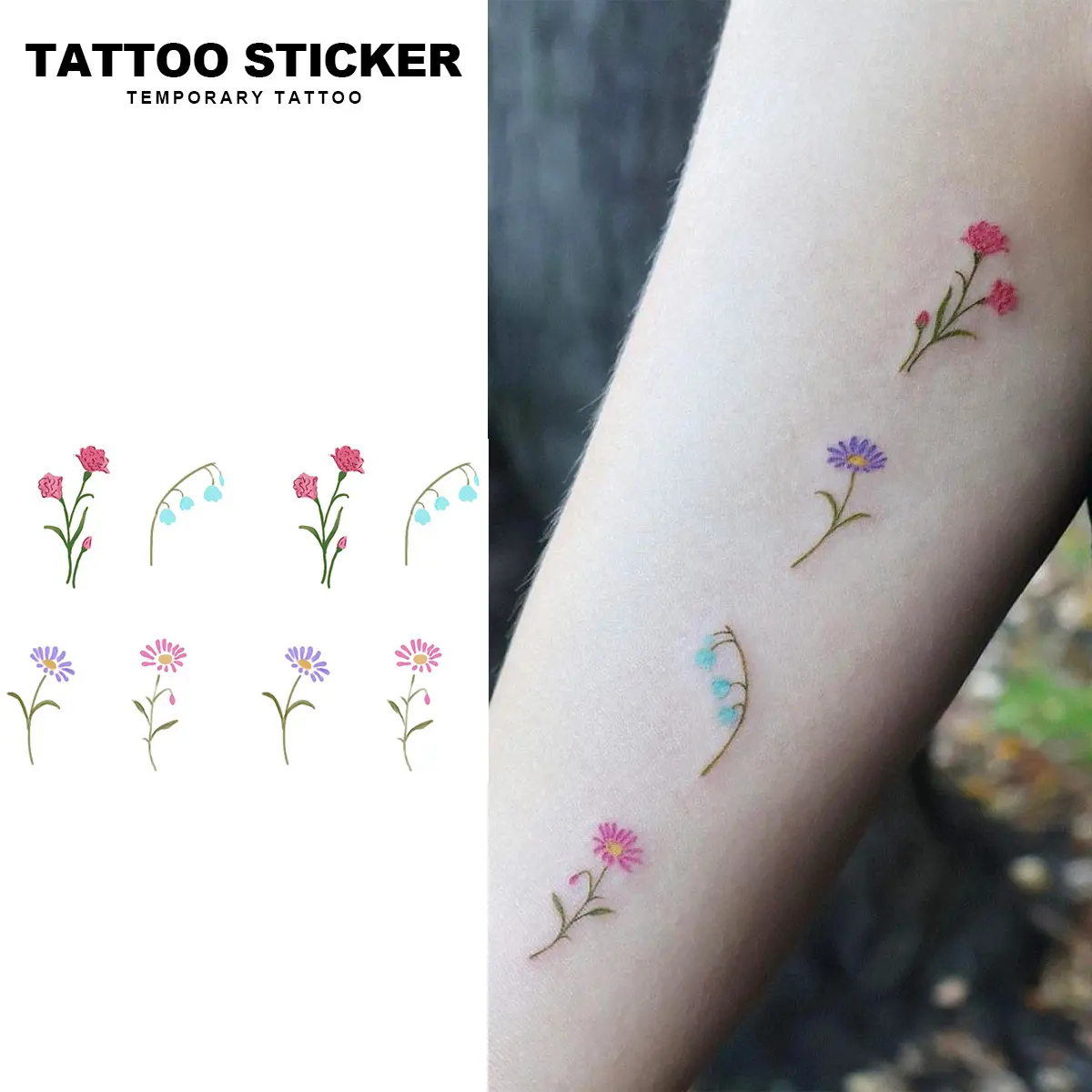 2 PCS Tiny Floral Temporary Tattoos Set - Waterproof Long-Lasting Pastel Flower Fake Tattoos, Delicate Carnation Daisy Tattoo Stickers for Women, Skin-Safe No Pain Body Art, 4Pcs Wildflower Design for Festival & Daily Use